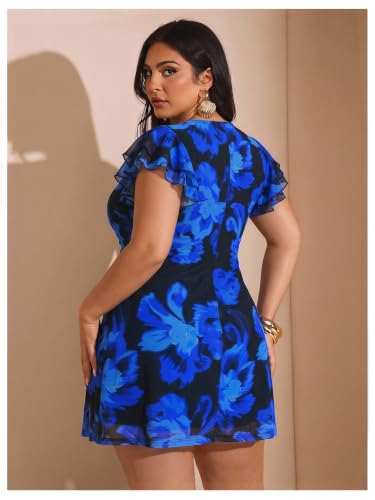 Image of BEAUDRM Women's Plus Size Cocktail Floral Short Dress Deep V Ruffle Short Sleeve Bodycon Mesh Wedding Guest Party Dresses