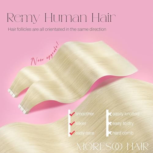 Image of Moresoo Bleach Blonde Tape in Human Hair Extensions, 14 Inch, 20Pcs, 40g | Seamless tape in hair extensions human hair, remy straight texture, invisible skin weft, soft volume, party styling