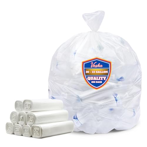 Veska 30-33 Gallon Clear Trash Bags Heavy Duty (Value Pack 250 Bags) Large Clear Plastic Recycling Garbage Bags. Large Trash Bags 30+, 32 Gallon
