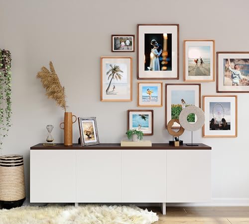 Image of Square 8x8 Picture Frame with Mat for 4x4 /6x6, USA-Sourced Natural Walnut Wood Handcrafted Rounded Corner with Real Glass, Vertical or Horizontal Display Photo Gallery Wall & Tabletop Frame