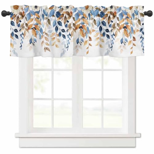 Fall Eucalyptus Leaves Valance Curtains for Kitchen Window Above Sink 42x12 Inch,Blue and Burnt Orange Leaves Rod Pocket Short Curtain for Living Room Sunflower Valances for Windows/Bathroom/Bedroom