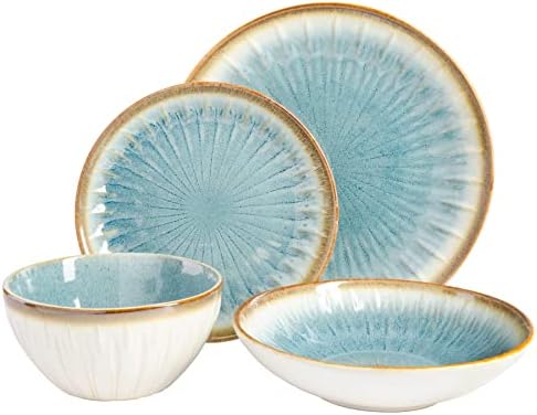 Gibson Elite Mayfair Bay Embossed Double Bowl Dinnerware Set, Service for 4 (16pcs), Blue