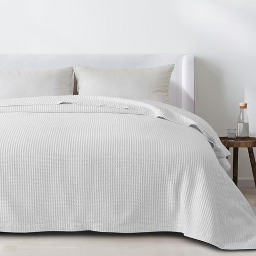 100% Cotton White Blanket Full/Queen Size for Bed - Breathable and Soft, Waffle Weave for Summer Spring, 90x90 Inches