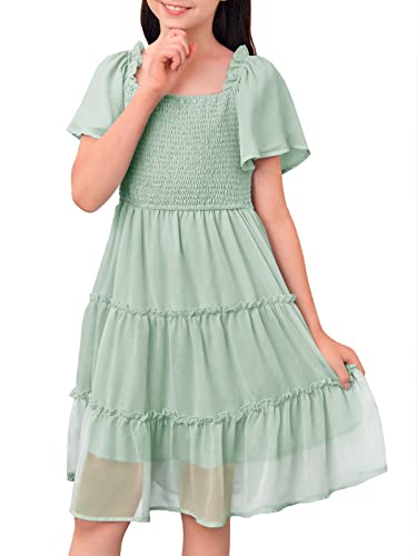 Kingdenergy Girls Summer Chiffon Casual Dress Square Neck Ruffle Short Sleeve Frilly Smocked Elastic Ruffle Hem Tulle Dresses Dusty Blue #TOP17
