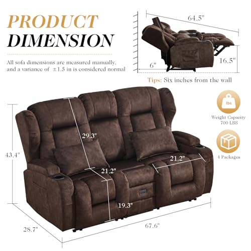 Image of Loveseat Recliner Sofa with Flip-up Console,RV Wall Hugger Recliners for Small Spaces,Reclining Loveseat Sofa Recliner with Cup Holders /Lumbar Pillows,RV Furniture (Brown, 68 inch 2-Seater)
