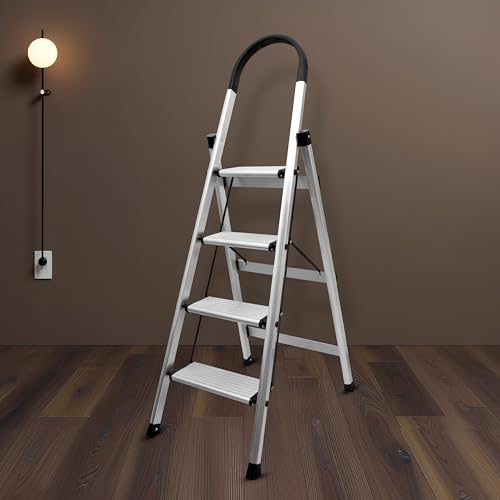 Image of Plantex Aluminium Ladder for Home /4-Step Ladder with Minor Surface Marks from Transit, Fully Quality Checked /Anti-Skid Step Ladder /Assured by Plantex (Anodize-Silver)