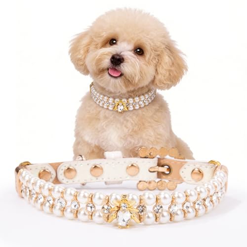 Image of HOWWFALY Dog Cat Pearl Collars with Spider Crystal Rhinestone PU Leather Collars Necklace Adjustable Collar Dog Chain Cat White Pearl Pet Collar for Small Medium Pets