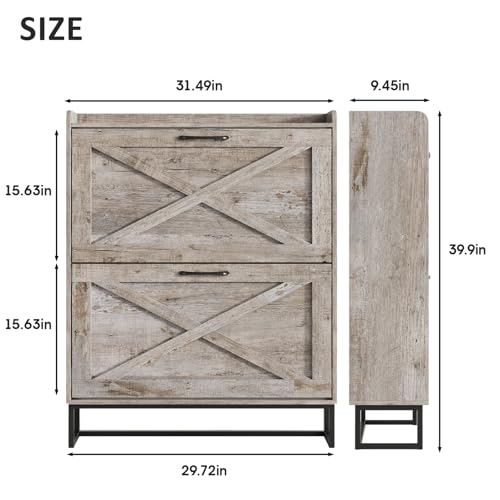Image of Maupvit Shoe Storage Cabinet with 2 Flip Drawers, Freestanding Organizer with Metal Legs for Entryway, Narrow Shoe Rack Cabinet, Light Rustic Oak