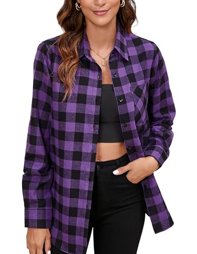 Stamain Camisa Cuadros Mujer Clásico Camisa Franela Violeta Manga Larga Casual Camisas de Cuadros Leñador Blusas Botones L