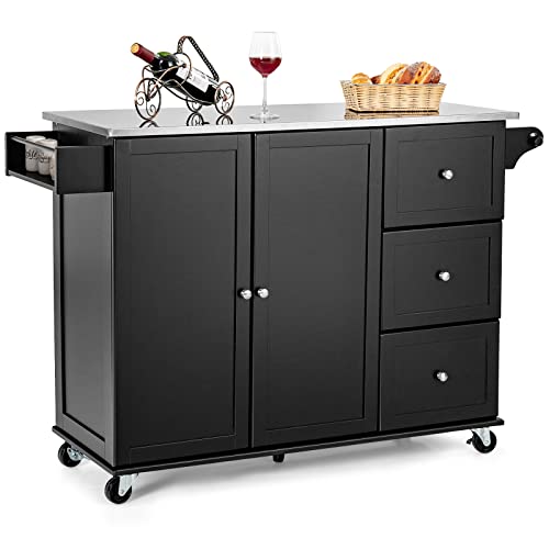 GIANTEX Küchenwagen mit Edelstahlplatte, Küchenschrank mit Rollen, bewegliche Kücheninsel mit 3 Schubladen & Verstellbaren Ablagen, Servierwagen Rollwagen Holz, Küchentrolley 135x45,5x91,5cm (Schwarz)