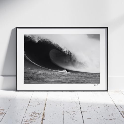 Walprints Black and White Big Wave Surf Wall Art – Minimalist Ocean Photography Print, Dramatic Coastal Framed Artwork for Home or Office – Mavericks by Tanner Olthoff, Black Frame, 32 x 24 Inch