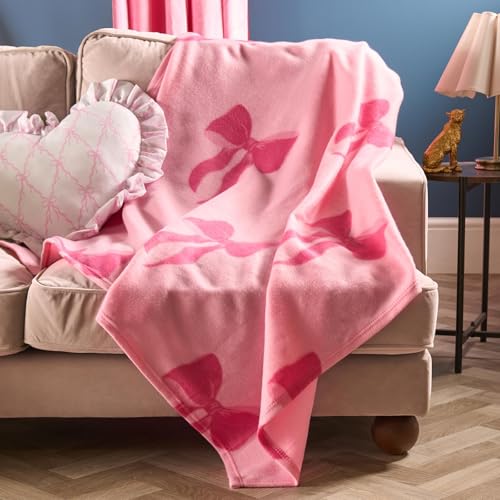 OHS Bow Print Fleece Blanket Pink Throw, Super Soft Warm Cosy Polar Throws for Sofas Bed Settee Decorative Throw Blanket Fluffy Single Bed Throws, Hot Pink - 120 x 150cm