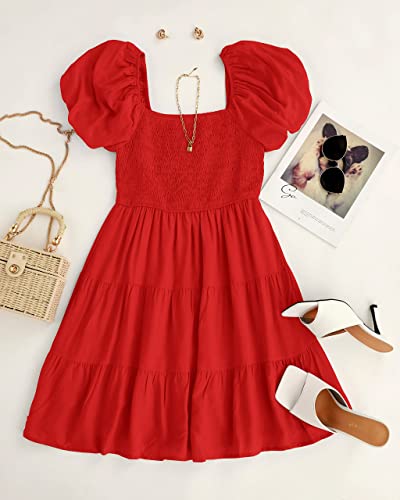 Image of ZESICA Women's Boho 2026 Summer Square Neck Puff Sleeve Off Shoulder Smocked Tiered Casual A Line Short Mini Dress