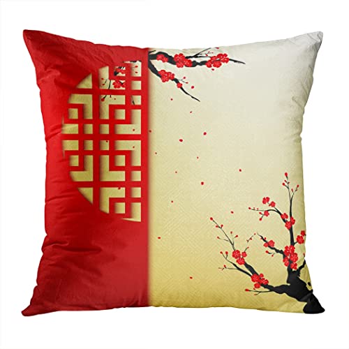 Subently Set Of 2 Throw Pillow Covers New Year Chinese Cherry Blossom Greeting Living Room Sofa Bedroom Polyester Hidden Zipper Pillowcases Cushion Cases 20X20 Inch #TOP1