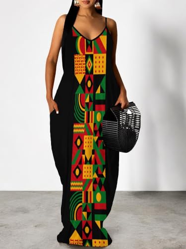 Image of Women's Summer Maxi Dress Spaghetti Strap Floral Boho Beach Long Sundress with Pockets