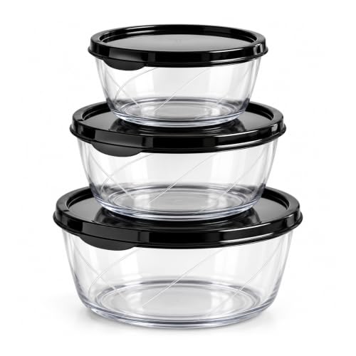Yuvarlak Kapaklı Gıda Saklama Kabı Seti, 3 Adet, 300 ml + 700 ml + 1,1 L, Şeffaf ve Siyah