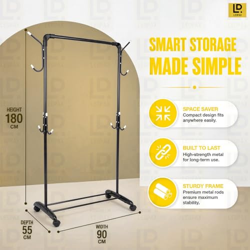 Image of LEOPAX Multipurpose Tree Coat Hanger Stand with Cloth Rail and Hooks, Durable Clothes Rack Organizer for Hanging Clothes, Bags and Accessories for Home, Living Room and Bedroom - Black