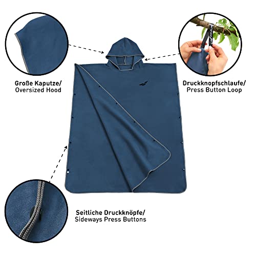 Fit-Flip Strandponcho für Erwachsene mit Kapuze - schnelltrocknend, kompakt und Ultraleicht - Badeponcho aus Mikrofaser für Damen und Herren (Größe L, Marineblau/Grau)