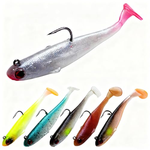 6PCS Pre-Rigged Soft Fishing Lures Set,T-Tail Sea Fishing Lu