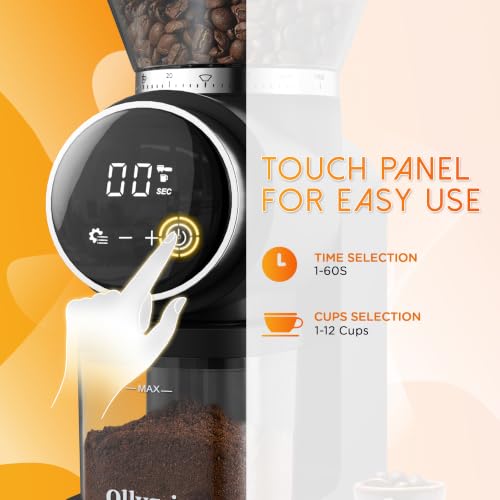 Image of Ollygrin Conical Burr Coffee Grinder Electric, Touch Panel Burr Coffee Grinder with 30 Precise Settings, Compact Coffee Bean Grinder for Espresso to French Press, 2-12 Cups