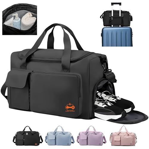CarryFitness Sports Gym Bag Duffle Bag with Shoes Compartment Waterproof Weekend Bags for Women and Men Hand Luggage Bag Lightweight Holdall Hospital Overnight Bag - Black 37L