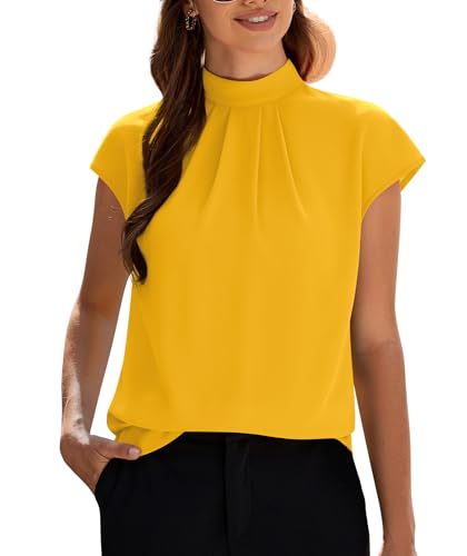 Image of Funlingo Womens Summer Tops Mock Neck Short Cap Sleeve Blouses Business Casual Work Chiffon Shirts Front Pleated Tunic Top