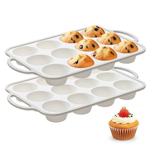 Fimary Silicone Muffin Pans for Baking 2 Pack, 2.6 Inch with Metal Reinforced Frame, Regular Size Nonstick Cupcake Pan 12 Cups for Baking Homemade Muffins, Dishwasher Safe BPA Free-Grey