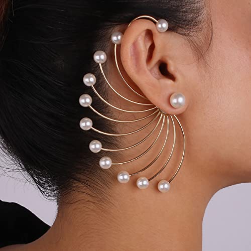 Jumwrit Big Pearl Ear Jacket Front Back Earrings - Peacock Shape Golden Chain Pearl Stud for Women2