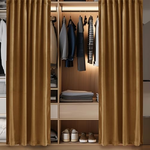 Image of Doorway Curtain Back Tab Gold Brown Velvet Thermal Insulated Sliding Door Panels Privacy Blackout Window Drapes Room Divider for Office Bedroom Closet, W62 x L80, 1 Panel