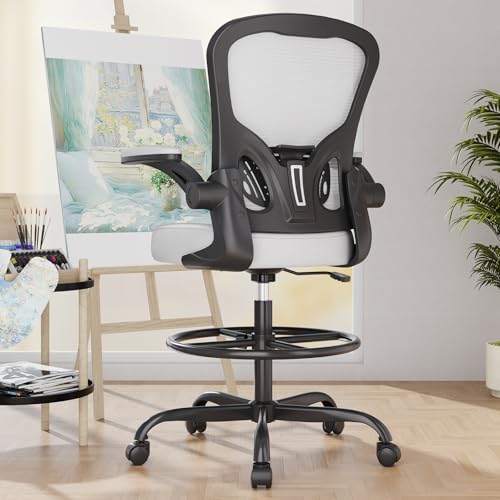 Image of Ergonomic Drafting Chair, Tall Office Chair with Flip-up Armrests, Breathable Mesh High Desk Chair with Lumbar Support Adjustable Footrest Ring for Standing Desk Gray