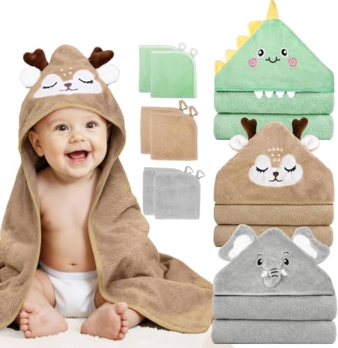 9 PCS Baby Bath Towels for Newborn Essentials (Dinosaur, Deer, Elephant)