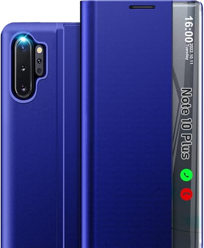 Étui de protection à rabat pour Samsung Galaxy Note 10 Plus - Clear View miroir - En cuir - Extra fin - Fonction support - Bleu foncé
