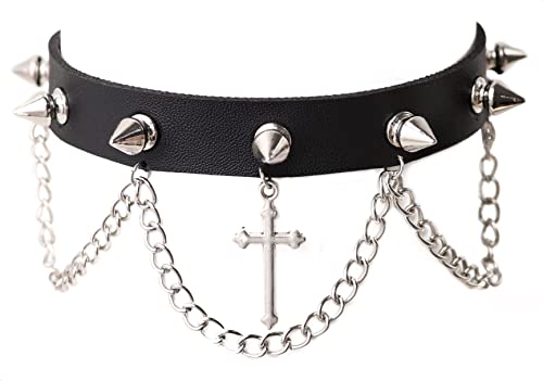 Sacina Gothic Punk Spiked Choker Necklace, Black PU Leather Cross Choker Necklace, Goth Jewelry Gift for Women, Men, Christmas New Year Gift
