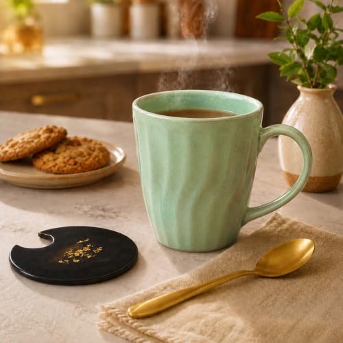 Image of The Earth Store Green Artisan Wave Coffee Mug with Lid and Spoon Set of 2 | 340ML Ceramic Coffee Mugs Set of 2 | Resin Art Wooden Lid & Golden Spoon | Premium Coffee Mugs for Gift