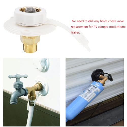 Image of RV City Water Inlet with Check Valve, Lead-free Brass 3 /4 NH Female to 1 /2 NPT Male Thread Fresh Water Inlet Flange Hose Connection Fitting for Camper Trailer Motorhome Caravan Marine (White)
