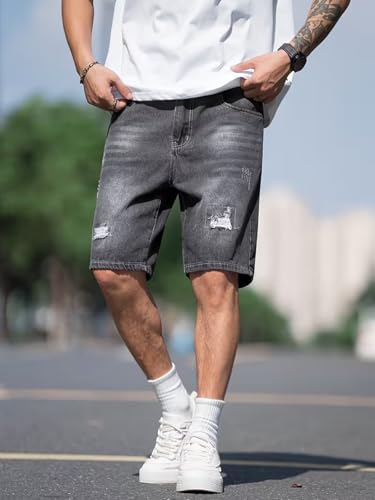 Image of GRECIILOOKS Denim Shorts for Men Stylish | Casual Knee Length Washed Jorts | Regular Fit Jeans Half Pant for Men with Distressed Design | Bermuda Mens Shorts for Summer Travel Streetwear