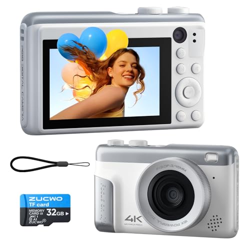 ZUCWO Digital Camera 4K, 64MP Compact Point and Shoot Camera for Everyday Photography, Autofocus with 16X Zoom, Type-C Rechargeable Travel Camera with 32GB Card, White