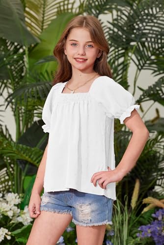 BesserBay Girls Summer Puff Sleeve Top Smocked Swiss Dot Ruffle Cuffs Blouse Spring Square Neck Shirt 6-14 Years3