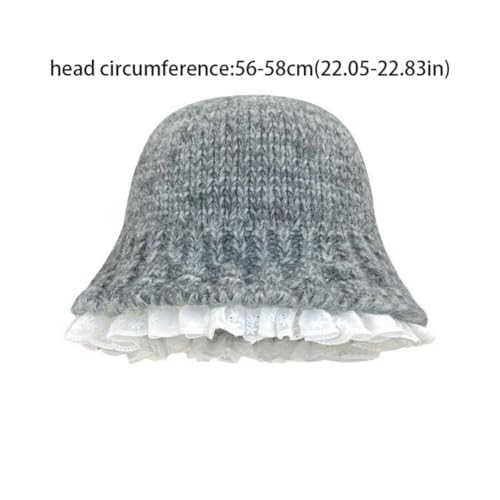 Korean Retro Lace Knitted Hat Sweet Cute Fashion Trend Autumn and Winter Warm Basin Hat Cap Grey2