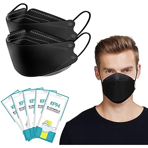 Hirsrian FFP2 Maske Schwarz 50 Stück, Einzeln Verpackt, 4 Lagige Staubschutzmaske FFP2 Mundschutzmaske KF94 Maske Fischform Atemschutzmasken Gesichtsmaske für Erwachsene Cover