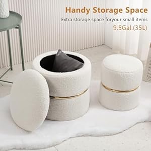 Furniliving round storage ottoman set of 2 modern sherpa vanity stool for makeup comfy ottoman with storage upholstered footstool for dorm living room bedroom white  urban country home decor