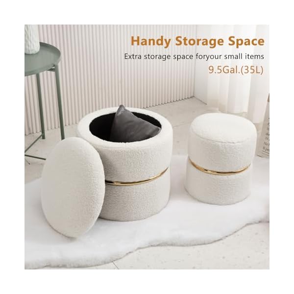 Furniliving round storage ottoman set of 2 modern sherpa vanity stool for makeup comfy ottoman with storage upholstered footstool for dorm living room bedroom white  urban country home decor