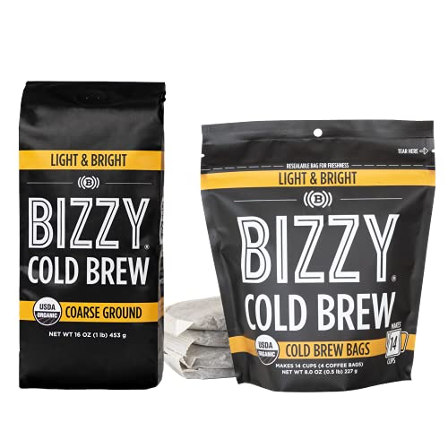 Bizzy Organic Cold Brew Coffee | Bundle | Coarse Ground Coffee | Light & Bright 1 Lb + Light & Bright Brew Bags 4-Count | 2 Pack #TOP11