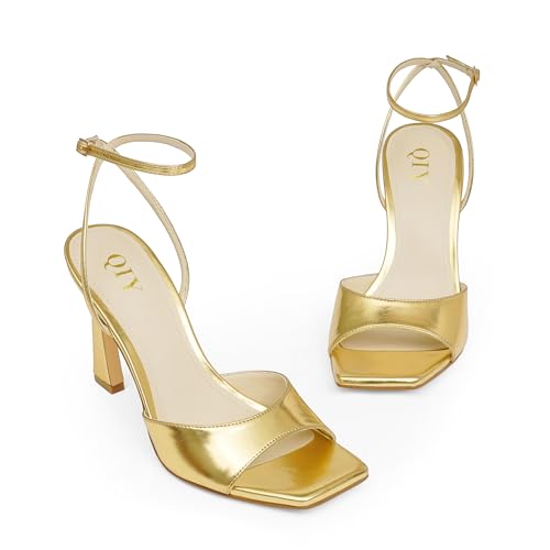 Image of QIY Strappy Heels for Women Heeled Sandals Square Toe Heel Ankle Strap Stiletto Mesh High Heels Dress Shoes