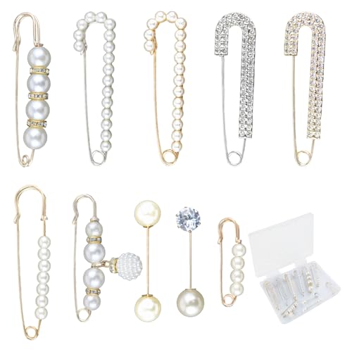 Image of 10 Crystal Waistband Pins Fashion Brooch Sweater Shawl Clips Retro Rhinestone Pearl Brooch Pins for Women Girls Costume Accessory