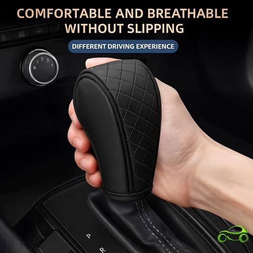 Image of DETACHI Car Gear Knob Cover Premium PU Leather Black Non Slip Waterproof Gear Shift Protector Universal Fit for Cars SUVs Trucks Durable Diamond Design Handbrake Cover Stylish Car Interior Accessory