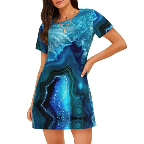 Chemise de nuit douce en coton imprimé turquoise pour femme à manches courtes