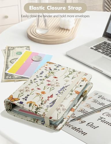 Image of A6 Budget Binder for Money Saving, PU Leather Budget Planner with 8 Cash Envelopes, Budget Sheets & Rose Gold Category Stickers, Money Organizer for Cash (Vintage Floral White)