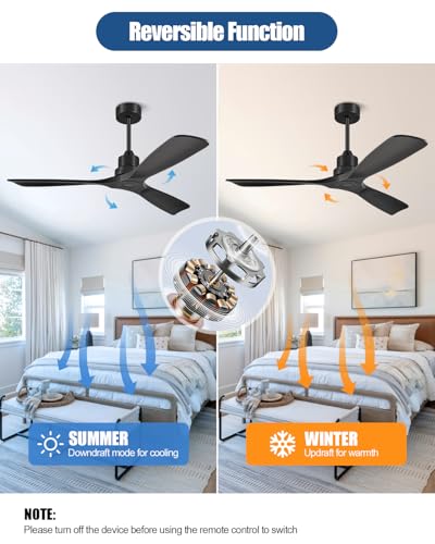 Image of Ceiling Fans With Remote Control, Outdoor Ceiling Fan for Patios Indoor, 3 Downrods, 3 Blades, Timer, 6 Speed Reversible Quiet DC Motor Modern Fan Solid Wood Fan,52in, Matte Black