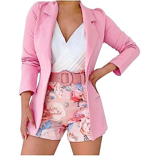 Women 3 Piece Outfits Long Sleeve Blazer Jacket and Floral Belted Shorts Set Business Suit Lounge Work Cardigan Coat